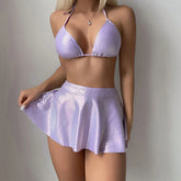 BXOXO Women's Three Piece Bathing Suits Sleeveless Halter Neck Bra Fish Scale Skirt Thong Sets Summer Holiday Beachwear